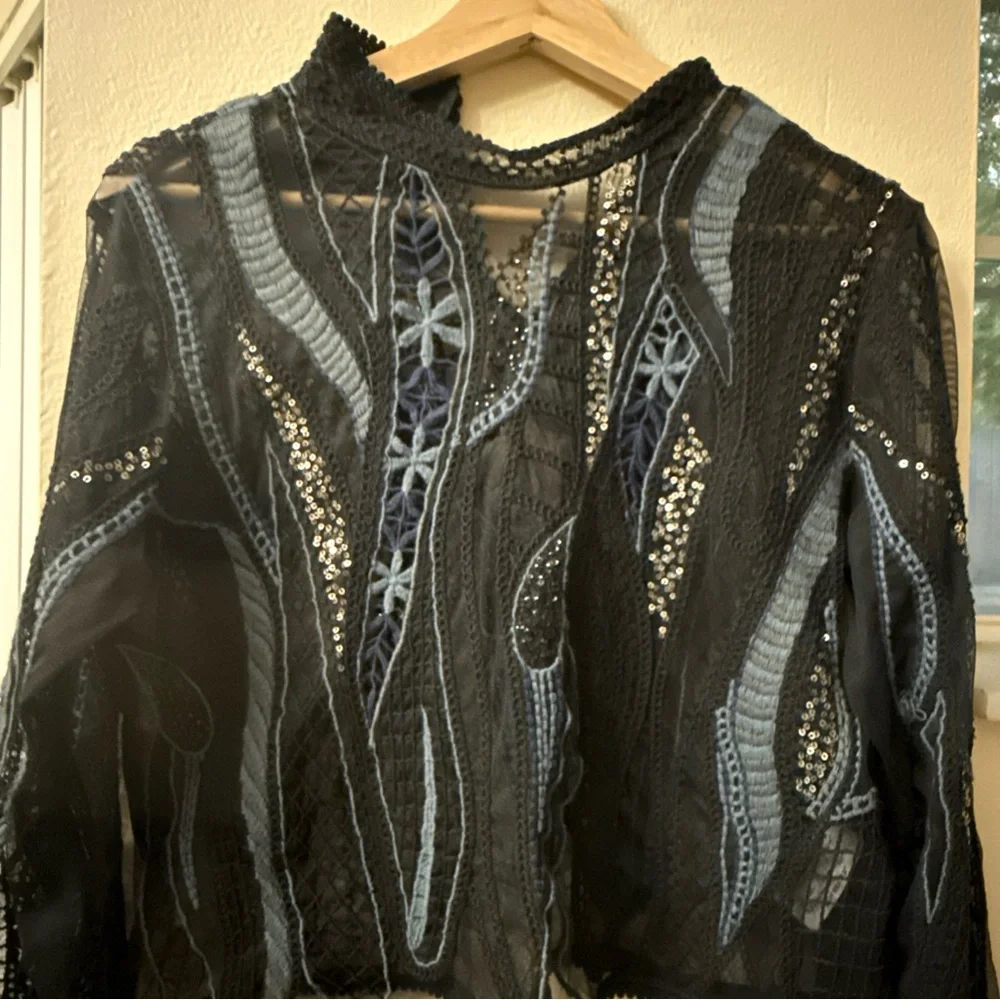 Zara Black Sheer Embroidered Top - Picture 2 of 7